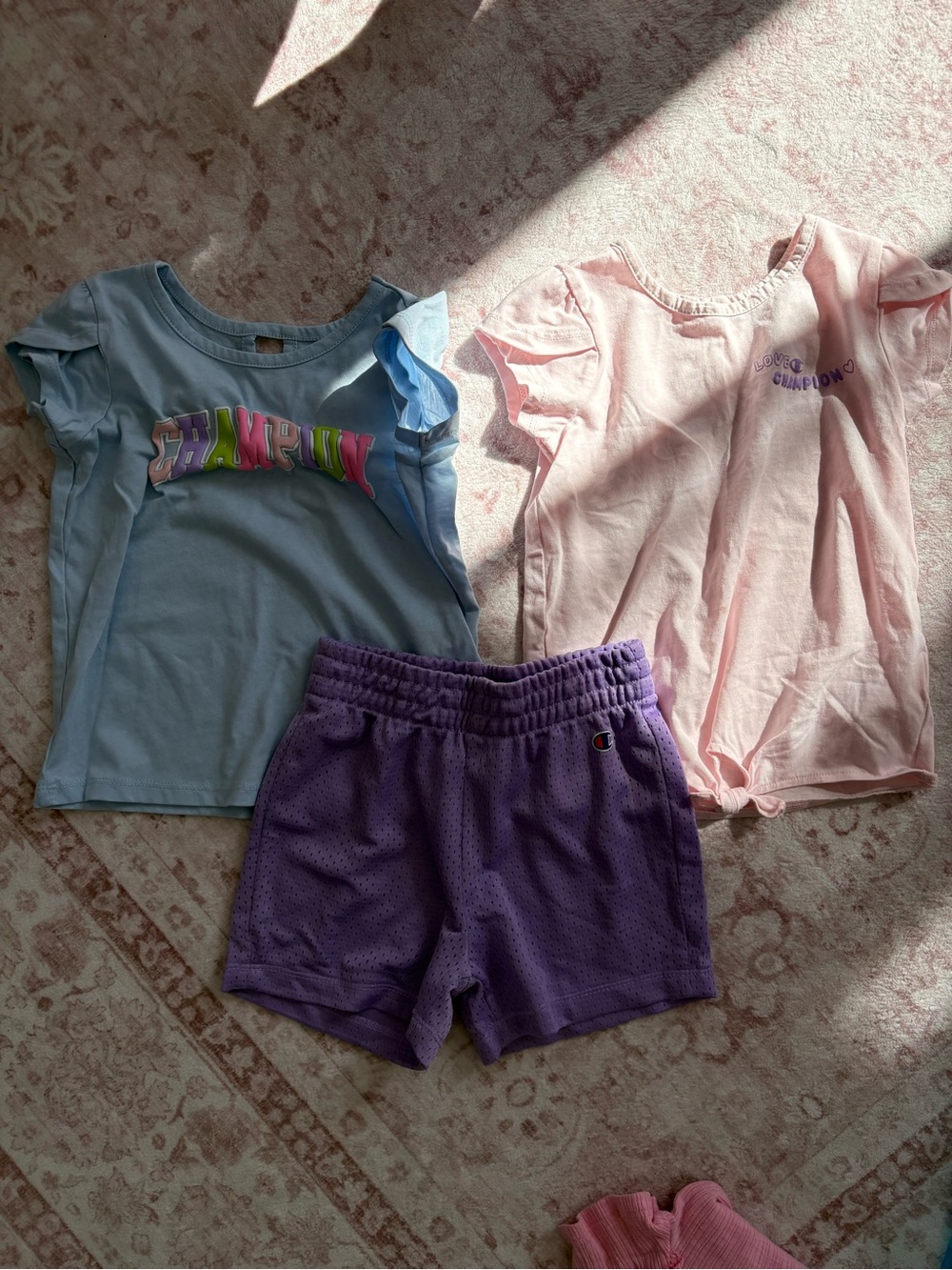 Champion Kids Purple Mesh Shorts with Light Blue and Pink Tops